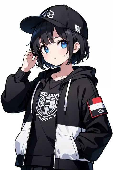 1girl, solo, blue eyes, (detailed eyes), flat chest, short hair, black hair, black shirt, baseball cap, white cap, ((hooded jacket)), (closed jacket), black skirt, black socks, standing, upper body, Hands in pockets, (white background), Transparent backgro...