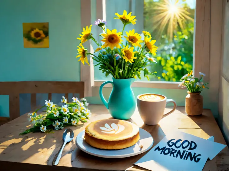 (Artistic photography:1,6), morning, wooden table, hot coffee latte, Bouquet of wildflowers, window, Sun rays, ray tracing, lighting from the window, shadows from objects, professional photo, on the table there is a paper plate with text "Доброе morning!"