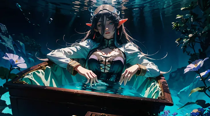 ( 8K, masterpiece, High quality, Digital art, Beautiful and epic, , Anime Aesthetics, Full portrait), (((Underwater style, ))). (Anime waifu lies underwater in full length!). (Behind the character is the ocean floor. (soft lighting effects with water textu...