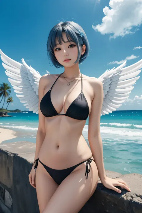 Female Angel、white angel wings、short blue hair、BREAK、black bikini、background is sky