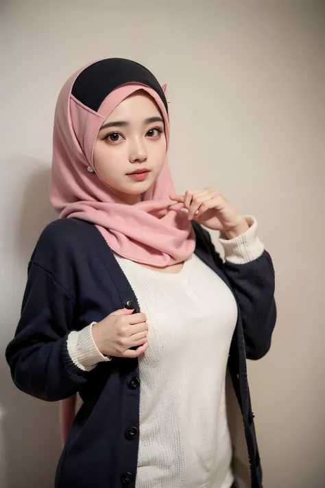 Gadis berhijab, chubby, dada besar tembem, paha besar tembem, cardigan