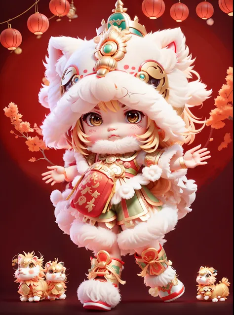 a 3d render。alphard image of a child in a lion's head costume,cute little girl s，adorable expression。 open your hands，sugar gour...