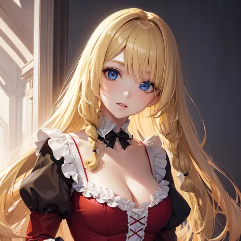 1 girl,Depps Sense,confused,catch light,Super beautiful illustration,(blonde,long hairstyles:1.6),turn around,eye shadow,(Red clothes,lolita fashion),Upper body,;d,beautiful and delicate flowing hair,delicate and detailed blue eyes,emphasized chest,big bre...