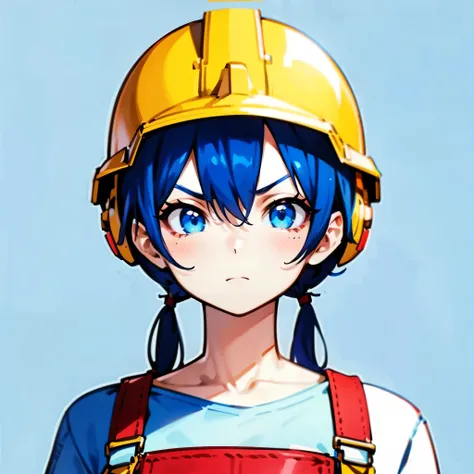 1woman, short blue hair in two pigtails, blue eyes, flat chest, wide hips, yellow miner helmet, red overalls, blue t-shirt, angry expression, solo, best quality, masterpiece, portrait, simple background, looking at the camera, from the front, detailed, per...