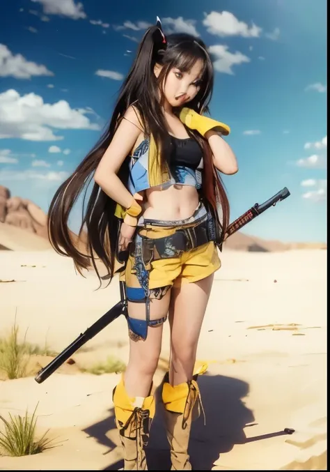 Rin Tosaka，mixed race，beautiful girl，desert，Jeans，Double tail，hand gun