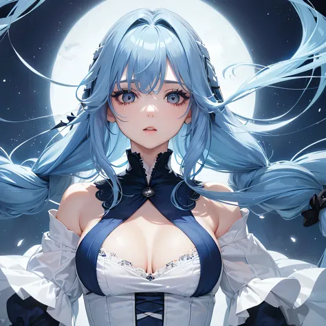 1 girl,Depps Sense,confused,catch light,Super beautiful illustration,(blue hair,long hairstyles:1.6),turn around,eye shadow,(white clothes,Gothic Lolita),Upper body,;d,beautiful and delicate flowing hair,delicate and detailed blue eyes,emphasized chest,big...