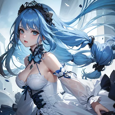 1 girl,Depps Sense,confused,catch light,Super beautiful illustration,(blue hair,long hairstyles:1.6),turn around,eye shadow,(white clothes,Gothic Lolita),Upper body,;d,beautiful and delicate flowing hair,delicate and detailed green eyes,emphasized chest,bi...