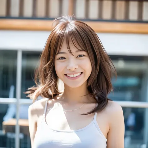 There is a woman smiling and holding her hair, she has a cute expressive face, Chiho, shikamimi, she is smiling and excited, she has a cute face, excited look, she expressed joy, cute - well-groomed - face, so happy that her face hurts, sakimimichan, Looks...