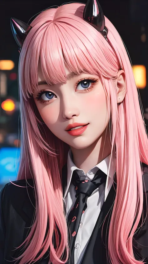 1girl, long pink hair, red horns, white collared shirt, black necktie, light smile, yellow eyes, corneo_power,, buildings,shops,town streets, dark sky, scenery,neon signs,night city, japanese lyrics,, , absurdres, detailed eyes, extremely detailed, volumet...