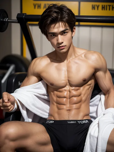 boy, 19 y.o, tan skin, comma hair, fit body, abs, gym