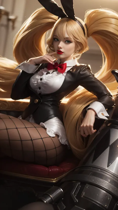 8k, very detailed, close up shot of woman in bunny suit sitting, red lipstick