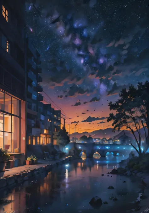 Octanes, The sky, Star (The sky), scenery, a starry sky, the night, 1 girl, night  sky, 独奏, plein air, signature, building, Cloud, the Milky Way, seat, a tree, longye hair, The city, silhouette, Cityscape