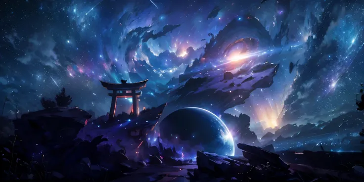 Create a highly detailed and visually stunning image of a serene Japanese Torii gate set on a rocky cliff under a starry galaxy sky, Planets in the universe, No human, Space and Astronomy: Nebulas, galaxies, and stars in stunning cosmic formations, The sce...