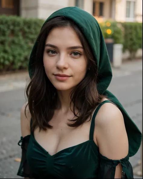 Cute beautiful sexy European light-green-eyed brunette, 22 years old, 

girl in a green dress, dark green dress, she wears a dark green dress, green dress, wearing an elegant dress, elegant dress, sophisticated dress, full body green dress, green dress wit...