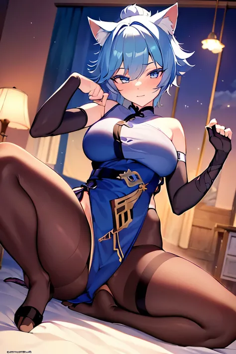 ((masterpiece, best quality, highres, 4k, 8k)), anime style, hentai, ultra detailed, young girl, chongyun (genshin impact), genderbend, sexy pose, erotic perspective, horny, aroused, medium breasts, cat ears, pantyhose, cat tail, (half nude)