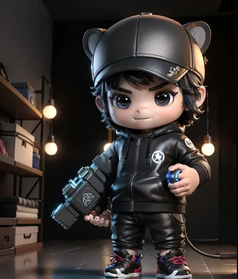 ((Masterpiece, Best quality)),(Complex lighting),,Solo, Smile, Black eyes, Black hair, 3D toy, 3D rendering of, ip, Cyberpunk Style, tchibi, Cute little boy, chibiStyle, 4 year old, Hat, White background, full bodyesbian, Male focus, shoes, Pants, polo, ba...