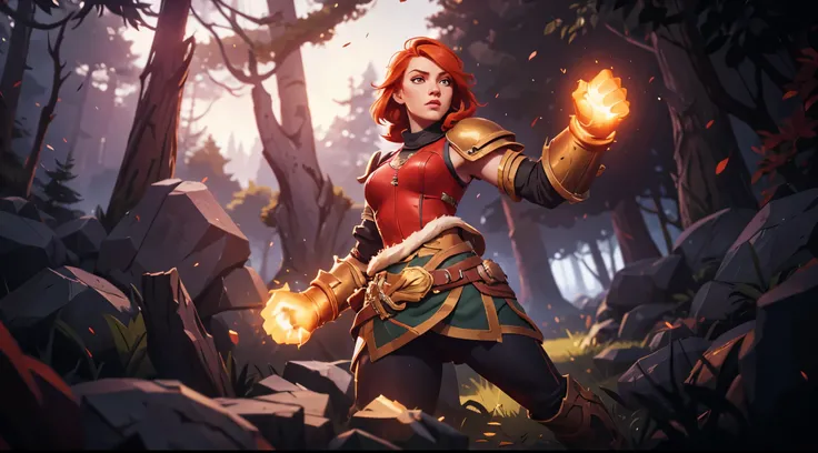 1girl, glowing fist, game character, dota 2 aesthetic, digital art, forest, ginger hair, 8k, hd, wearing leather armor, bob hair