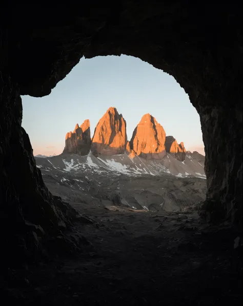 There is a cave，You can see the mountains in the distance, dolomite, in the dolomite, dolomite in background, Unsplash Contest Winning Photos, dolomite in the background, The sun rises from between the two mountains, author：Alessandro Alori, rock arch, Loo...