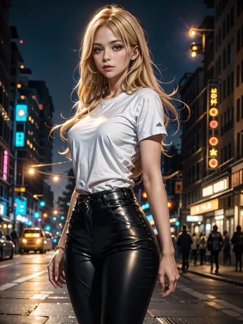 in photorealistic style, a blonde woman with long hair in black leather pants and a white short t- shirt, stands on a big city a...