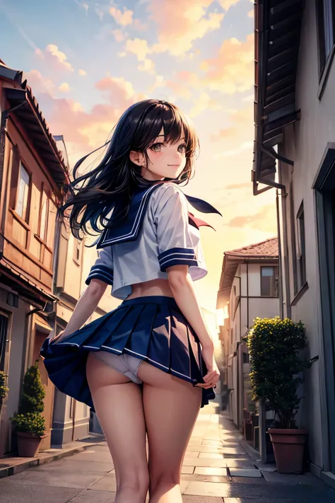 very cute and beautiful girl,(highly detailed beautiful face and eyes:1.2),
(smile),(sailor school uniform),(navy blue pleated mini skirt),
(looking back,from behind),leaning forward,from below,white panties,
many european houses with red roof,(town overvi...