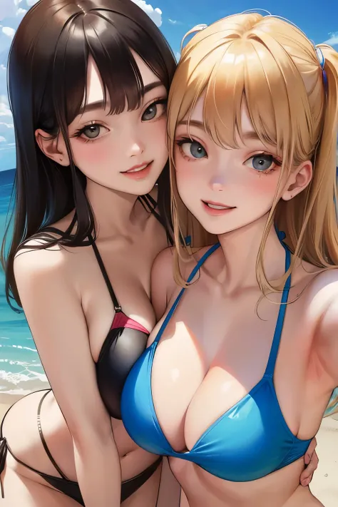 realistic, Selfie of two girls, close contact with both breasts,, wearing a bikini, big breasts, smile