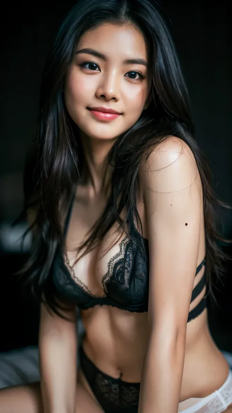 highest quality, epic realistic, ((in the pitch black darkness :1.4)), ((portrait:1.5)),(background: dark ) high contrast ,glorious picture, lowest lux, lighting face, shes comfortable, wearing white lingerie, looks incredible, (8k, Raw photo, Highest qual...