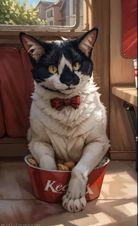 Leo, feral, black and white cat, fluffy, yellow cat eyes, cute cat, by kenket, inside of a kfc, smiling, happy, surrounded by fried chicken, in a kfc restaurant, popping out of a kfc bucket 