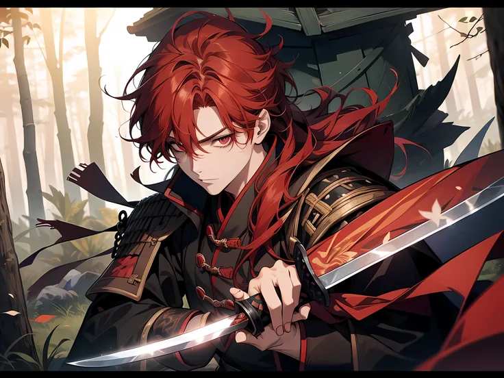 1 boy, red hair, long hair, red eye colors, face to detail, detailed eyes, wearing somekind of bandit outfit on han dynasty era, holding a sword, swordsman pose, in the camp inside the forest, full-body illustration