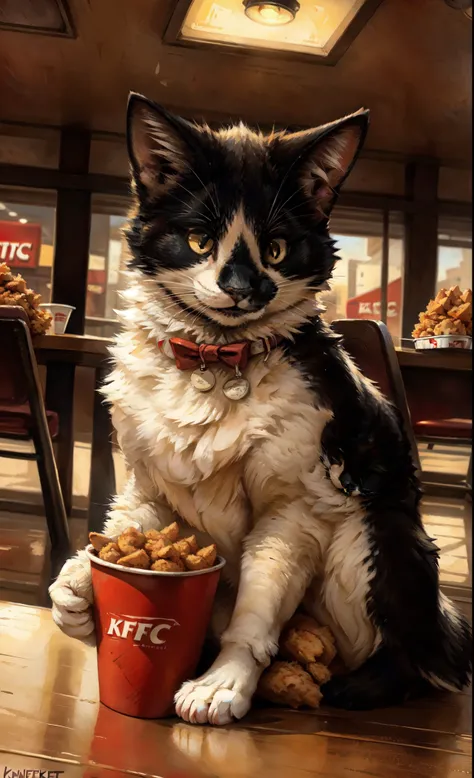 Leo, feral, black and white cat, fluffy, yellow cat eyes, cute cat, by kenket, inside of a kfc, smiling, happy, surrounded by fried chicken, in a kfc restaurant, popping out of a kfc bucket