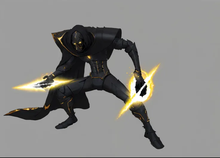 an angry african warrior wearing black exoskeleton armor and a cape. Golden tattoos are on his black armor and he is carrying black holes from space in hands as weapons