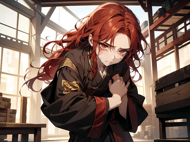 1 kid, red hair, long hair, red eye colors, his shirt are in tatters, wearing han dynasty style outfit, skinny body, face to detail, detailed eyes, crying, weak, inside unused warehouse, full-body illustration