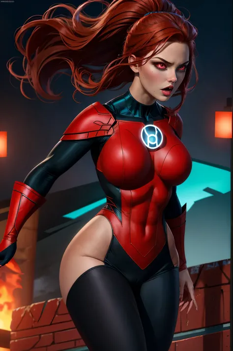 masterpiece, 4k resolution, Hyper realistic, best quality, 1girl, red  haired, teal red bloody eyes, perfect body, big boobs, amazing red eyes, red lantern costume, destructive background, 