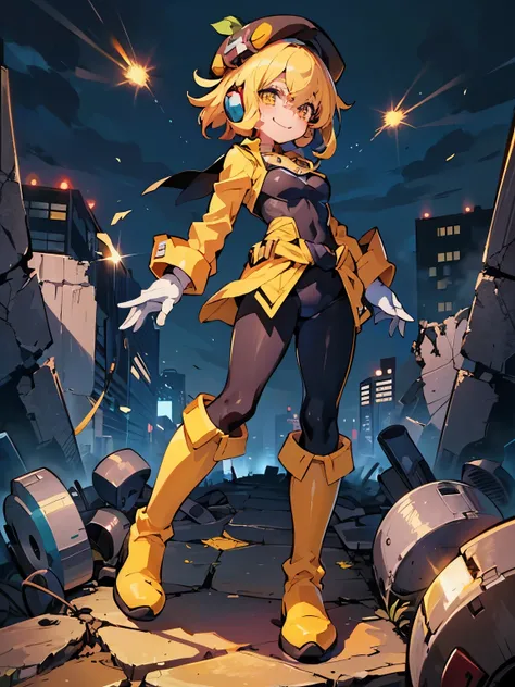 (masterpiece, best quality, anime style, videogame, megaman style),1girl, solo, black,bodysuit, yellow eyes, blond hair, short hair, happy, , smile, black and yellow beret, black and yellow gloves, white top, yellow bloomers, jacket tied at the waist, blac...