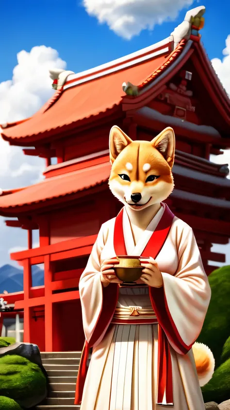 Shiba Inu,figure of a shrine maiden,cute,stylish,shrine background,fluff, masterpiece,8K, RAW photo, High resolution,high quality), ((masterpiece)), woman,realistic, surreal,