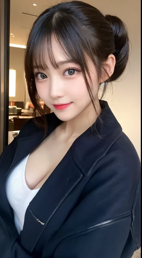 table top, highest quality, shape, Super detailed, finely, High resolution, 8k wallpaper, 完璧なダイナミックな構shape, beautiful and detailed eyes, Trendy Womens Winter Fashion,ponytail,small breasts natural color lip, sexy pose,smile,Harajuku、20 year old girl、sexy l...