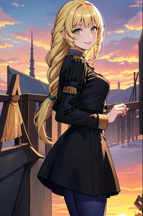 masterpiece, best quality,  defingrid, bangs, braided ponytail, black jacket, black skirt, blue pantyhose, cowboy shot, from side, looking at viewer, smile, clouds, sky, field, sunset