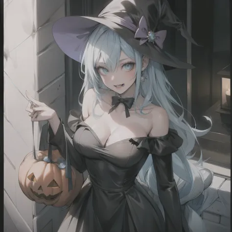 Woman with long light blue hair handing out candy during Halloween, adult, medium size breast, wearing sexy Halloween costume