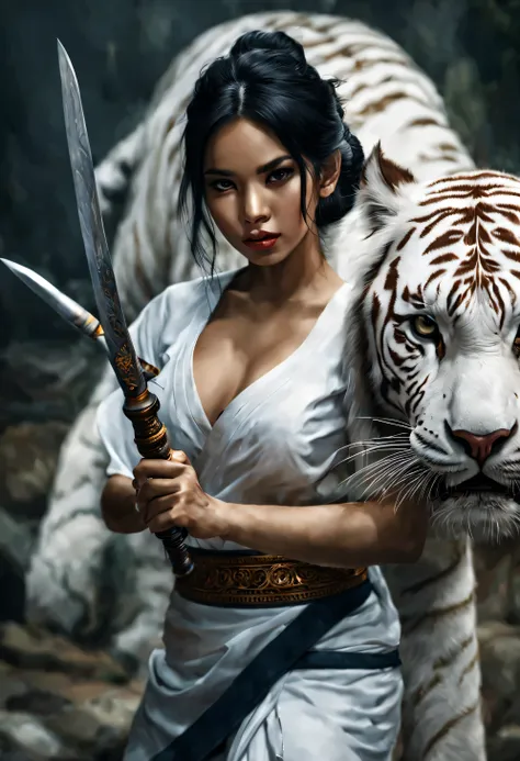 beautiful girl on white tiger, to fighting, holding knife, girl wearing thailand traditional dress, black hair, digital art