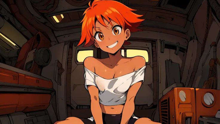 Edward,midriff,orange hair,white shirt,off shoulder,collarbone,tan skin, black bike shorts,goggles, brown eyes, space station,engine room, upper body,sitting, (((lotus position)))smiling, bedroom eyes, breasts, cleavage (insanely detailed, beautiful detail...