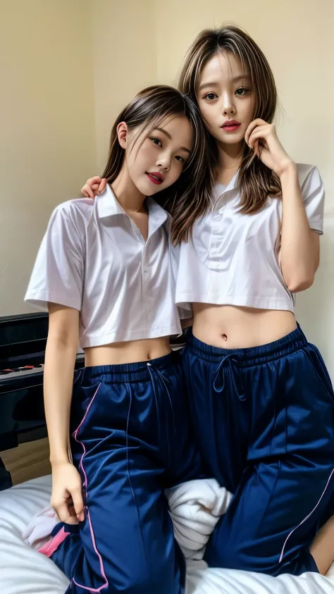 2 girls in the piano room, navy blue short-sleeved shirt,navy long trackpant,sweatpants, sweatpantsขายาว, lying on the bed., หญิ...