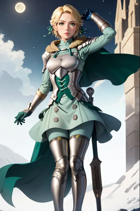 masterpiece, best quality,  waringrid, short hair, hair ribbons, shoulder armor, armor, breastplate, underbust, green coat, fur trim, vambraces, blue gloves, green skirt, white pants, green cape, standing, looking at viewer, night, moon