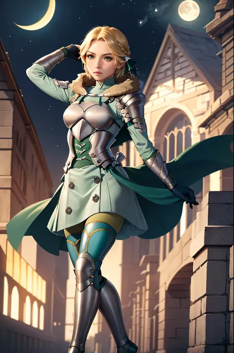 masterpiece, best quality,  waringrid, short hair, hair ribbons, shoulder armor, armor, breastplate, underbust, green coat, fur ...