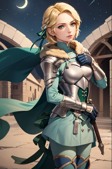 masterpiece, best quality,  waringrid, short hair, hair ribbons, shoulder armor, armor, breastplate, underbust, green coat, fur ...