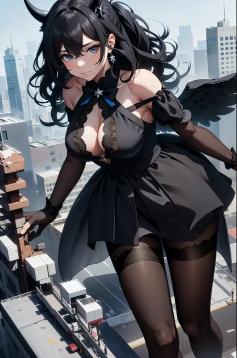 Aerial View，giant girl 50,000 feet high，Weight 1000kg，Has a pair of huge black angel wings，With huge devil horns on his head，Paired with black earrings，Has waist-length black hair，loose hair，Big black wavy curls，black crown，Wearing a pair of black Mary Jan...