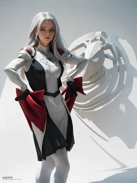 (Extreme Detail CG Unity 8K wallpaper, masterpiece, highest quality), (Exquisite lighting and shadow, highly dramatic picture, Cinematic lens effect), a beautiful girl in a white Spider-Man costume, white lingerie, silver gray hair color, long hair, from t...