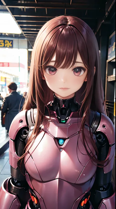 (Photorealsitic:1.4)、girl with１a person、(top-quality),(hyperdetailed face)、(Super well-formed face)、((Robot Parts))、(Cyborg girl)、(pink there)、(Burgundy)、(metalic)、(full bodyesbian)、(Moe Pose)、(thin)、(tits out)、(Model body type)、(mecha exposure)、(akihabara...