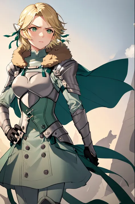 masterpiece, best quality,  waringrid, short hair, hair ribbons, shoulder armor, armor, breastplate, underbust, green coat, fur ...