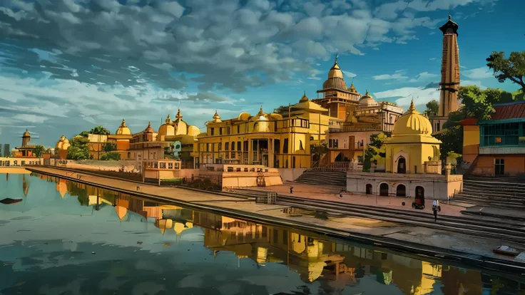 there is a large body of water with a building in the background, indian temple, ayodhya, historical setting, top, india, in a city with a rich history, trending, ancient india, temple background, kalighat, photo taken in 2 0 2 0, hindu temple in backgroun...