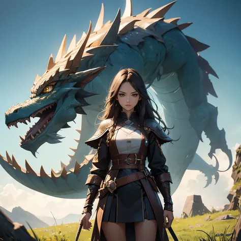 Super high resolution、Super high quality、8K、Detailed details、marvelous expression、Beautiful slender woman、fight the dragon monster、monster hunter character costume、Vast grassland background、