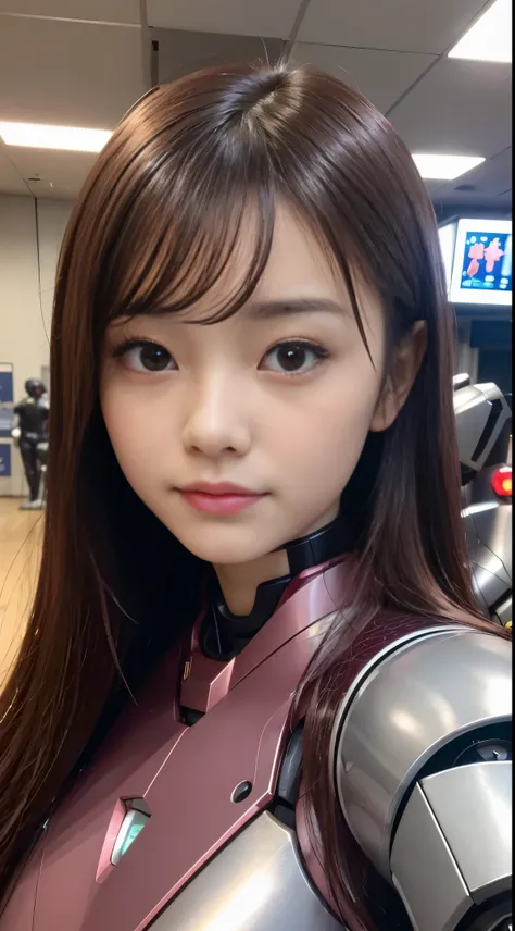 (Photorealsitic:1.4)、girl with１a person、(top-quality),(hyperdetailed face)、(Super well-formed face)、((Robot Parts))、(Cyborg girl)、(pink there)、(Burgundy)、(metalic)、(full bodyesbian)、(Moe Pose)、(thin)、(tits out)、(Model body type)、(mecha exposure)、(akihabara...